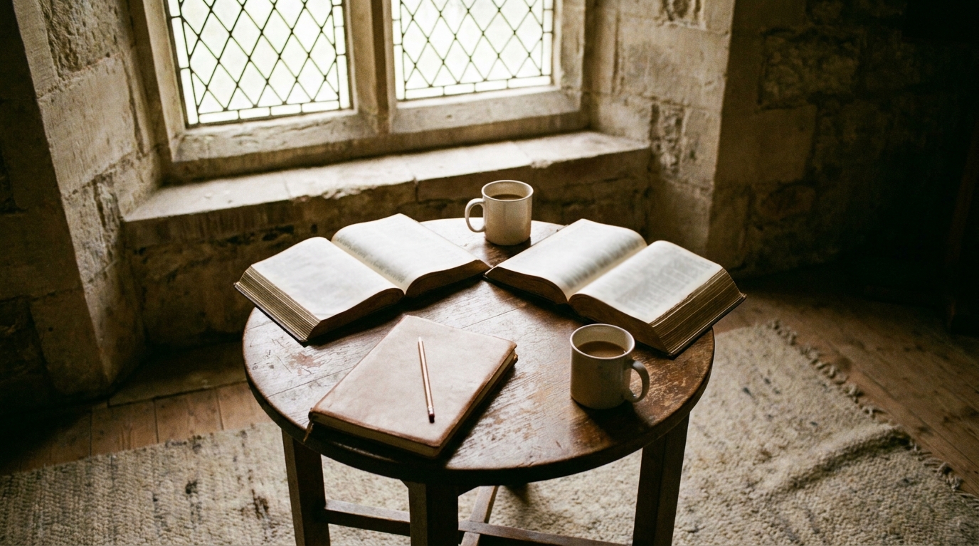 A small round table in a church side room with two open Bibles, a notebook and two mugs of coffee, set for a one-to-one meeting
