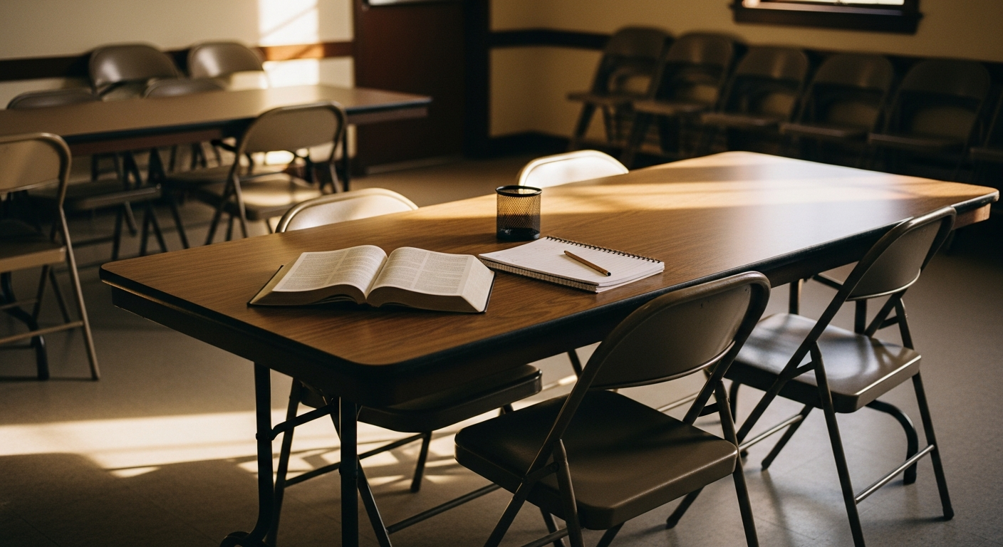 A plain wooden youth-room table seen from above in warm afternoon light, an open Bible with softly blurred pages beside a spiral notebook and a couple of empty stacking chairs drawn up, a candid documentary still life of a space set for a small group to talk something through