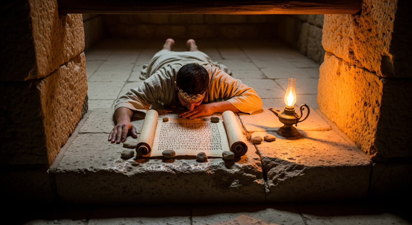 King Hezekiah spreading a threatening letter before God in the Jerusalem temple, a faith practice of desperate prayer and surrender
