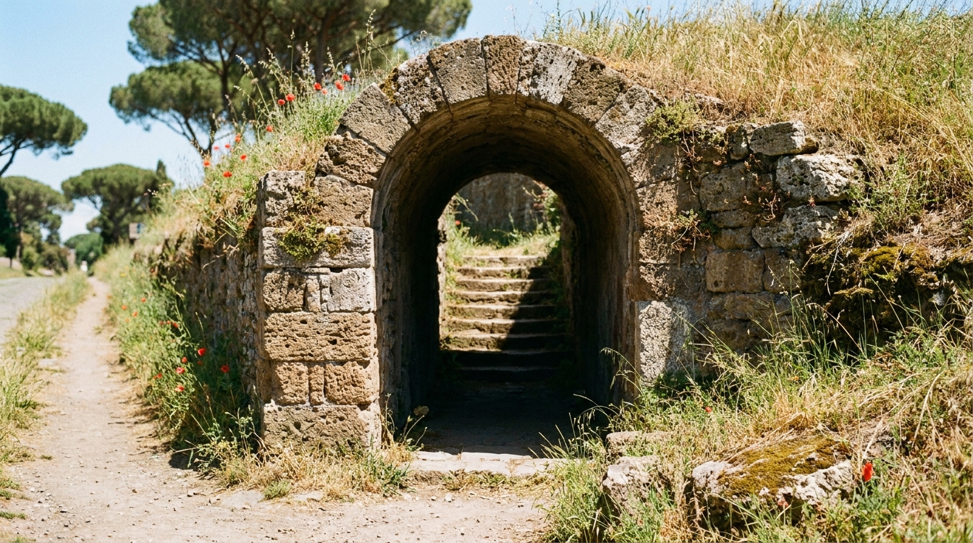 A weathered stone arch of an old Roman passage beside the Appian Way, worn steps inside it climbing up toward daylight, poppies and grasses in bright sun, a place where the early church kept faith through persecution