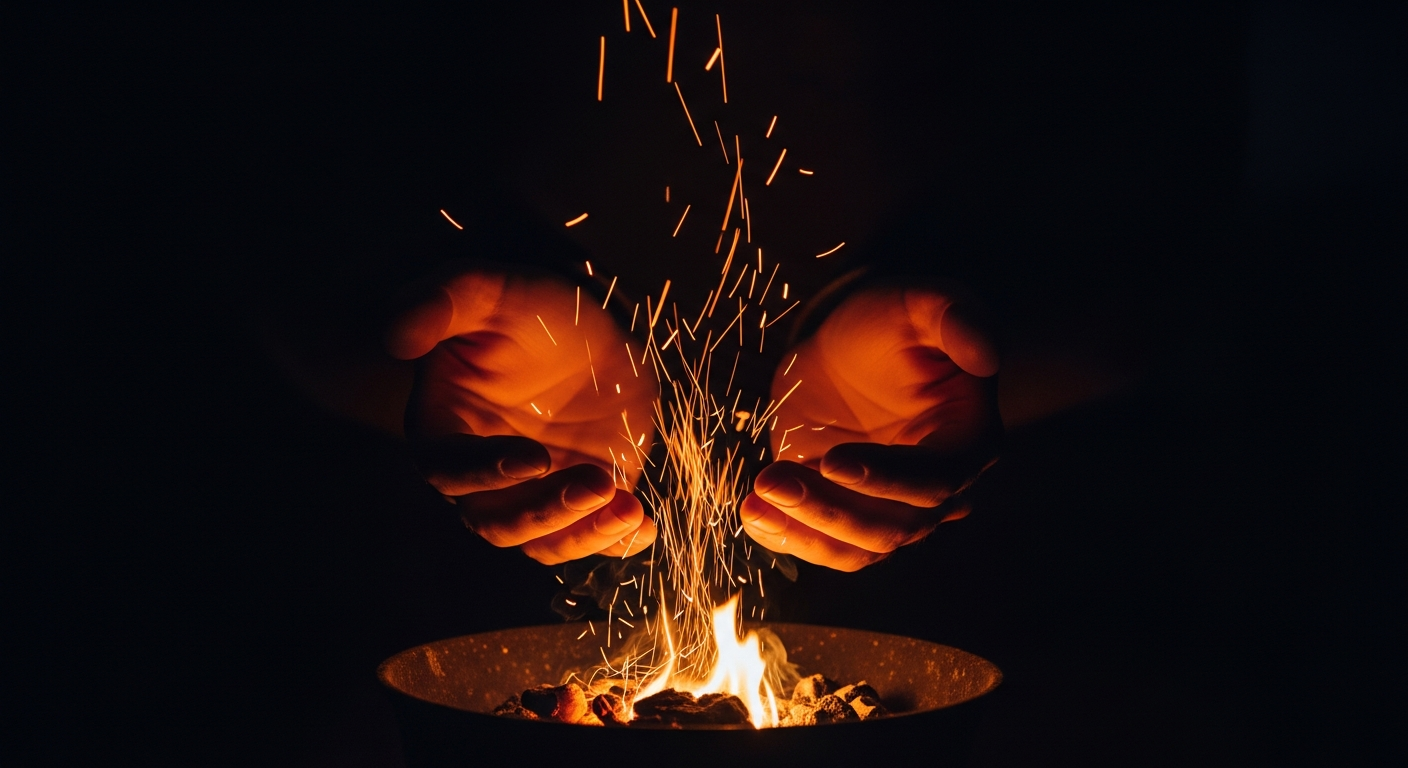 Open hands held over glowing embers with sparks rising into darkness, believers making space for God to move and holding fast to what is good in Scripture