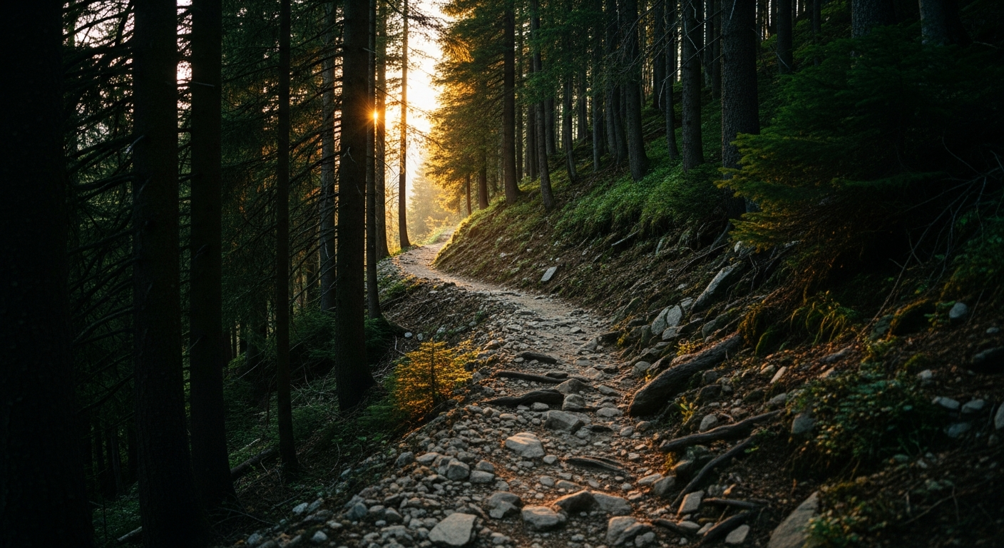 A winding forest mountain trail with golden sunlight illuminating the path ahead through a canopy gap, the journey of learning to trust the Holy Spirit's voice