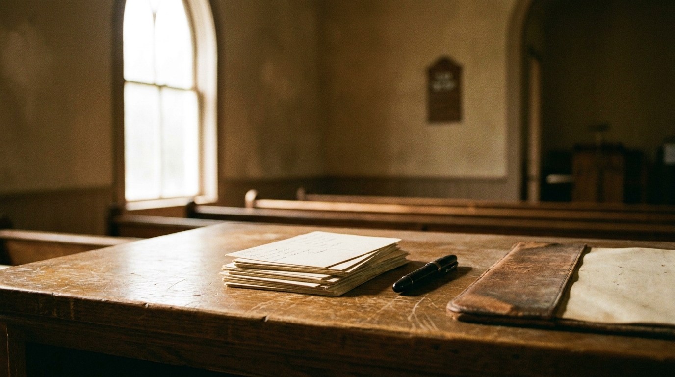 A stack of handwritten testimony cards and a pen resting on a church welcome-desk counter, warm morning window light, candid documentary still life, no visible faces