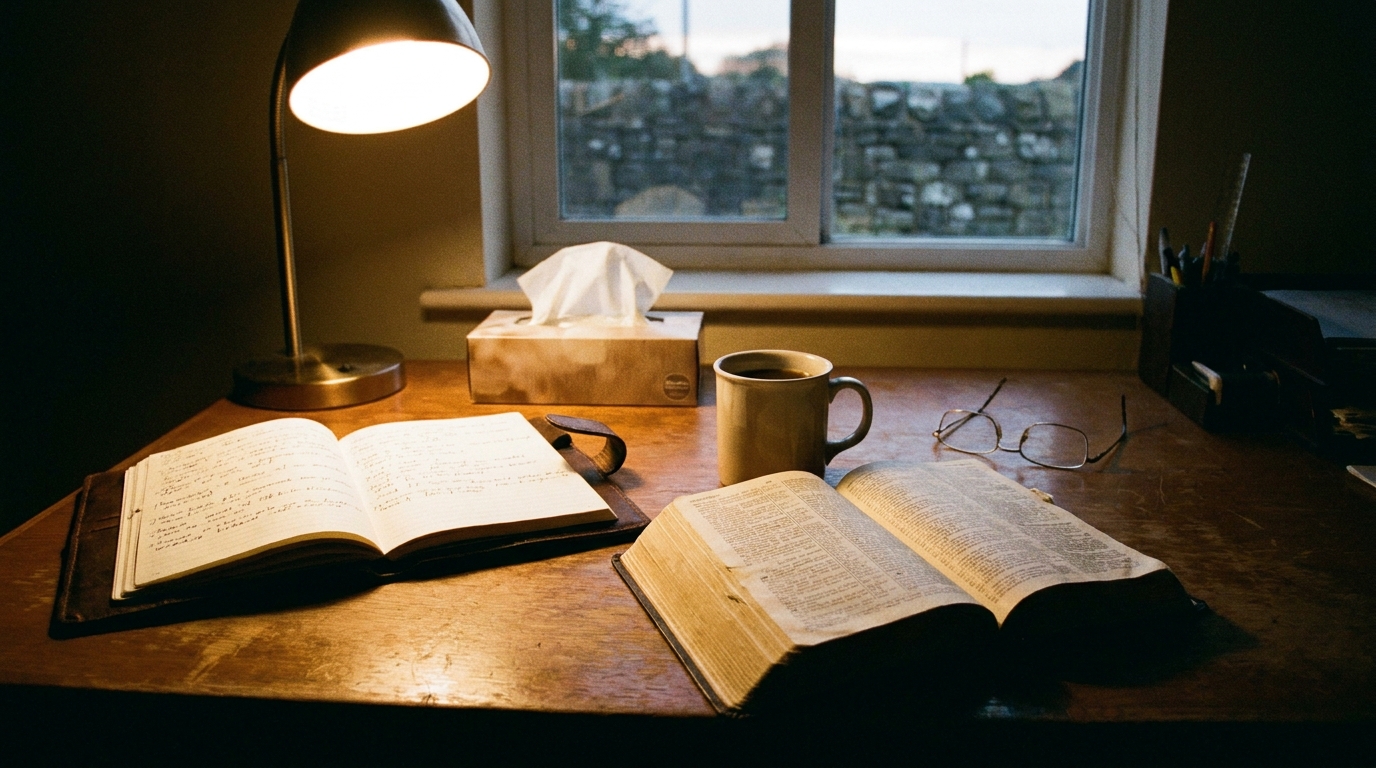 A quiet church office desk at dusk with an open journal, a Bible open to the Psalms, and a mug of tea gone cold in warm lamp light