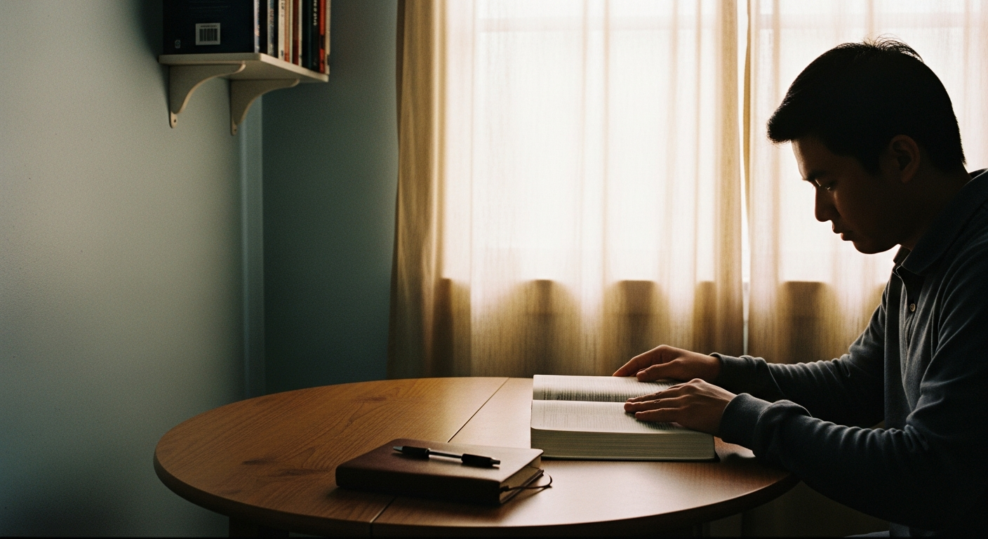 Believer sitting quietly with an open Bible and journal in soft morning light at a table by a window, learning how to hear God's voice through Scripture and prayer