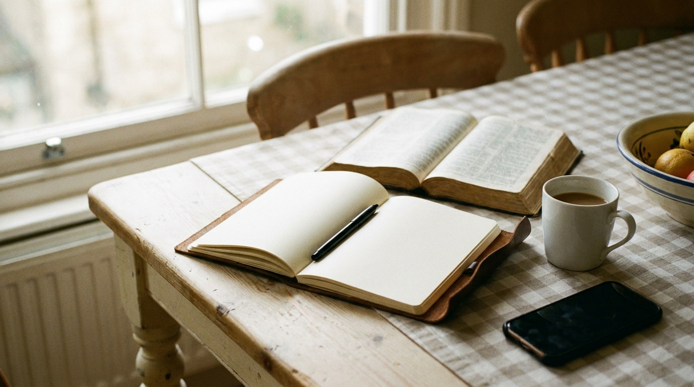 An open blank journal with a pen beside an open Bible, a mug of coffee and a smartphone set aside on a bright kitchen table, a blank page waiting for what God is doing today