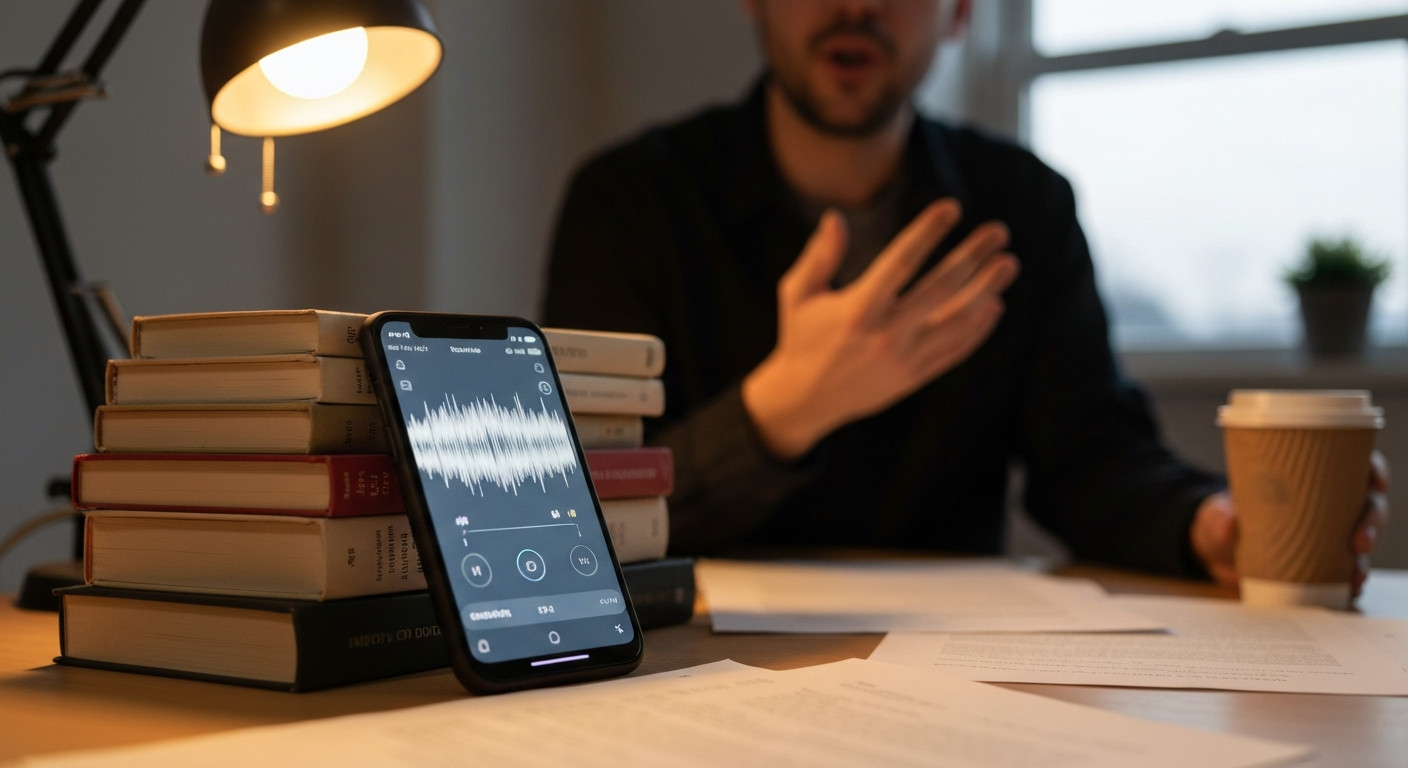Phone recording a testimony with a person speaking in soft background focus, desk lamp and evening window light on scattered notes