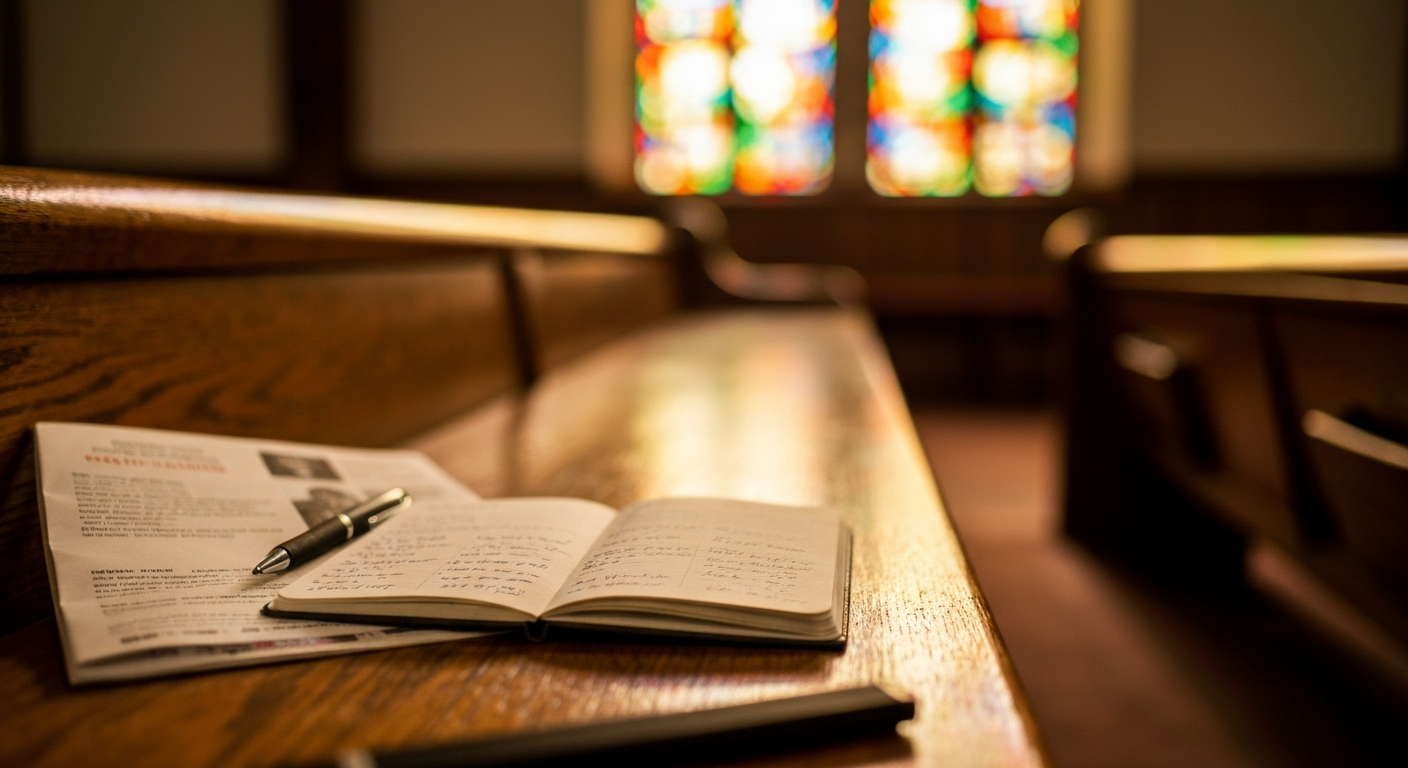 Handwritten prophecy notes in a notebook on a wooden church pew, warm stained glass light filtering in the background
