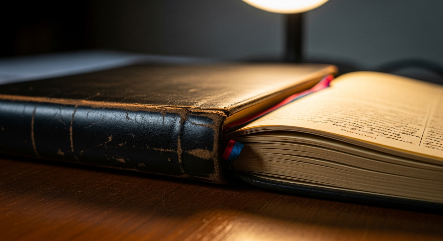 A worn leather journal open to a marked page in warm light