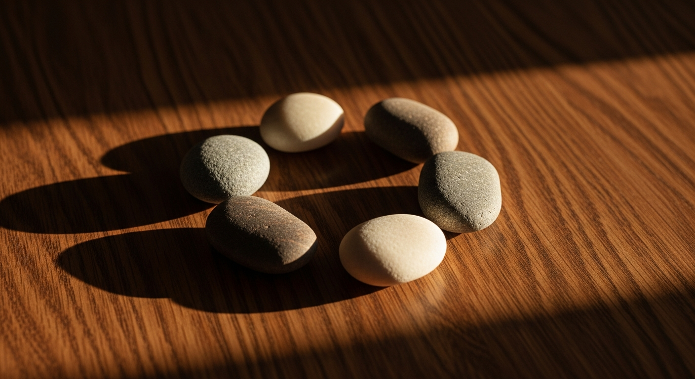 River stones arranged on dark wood in warm amber light