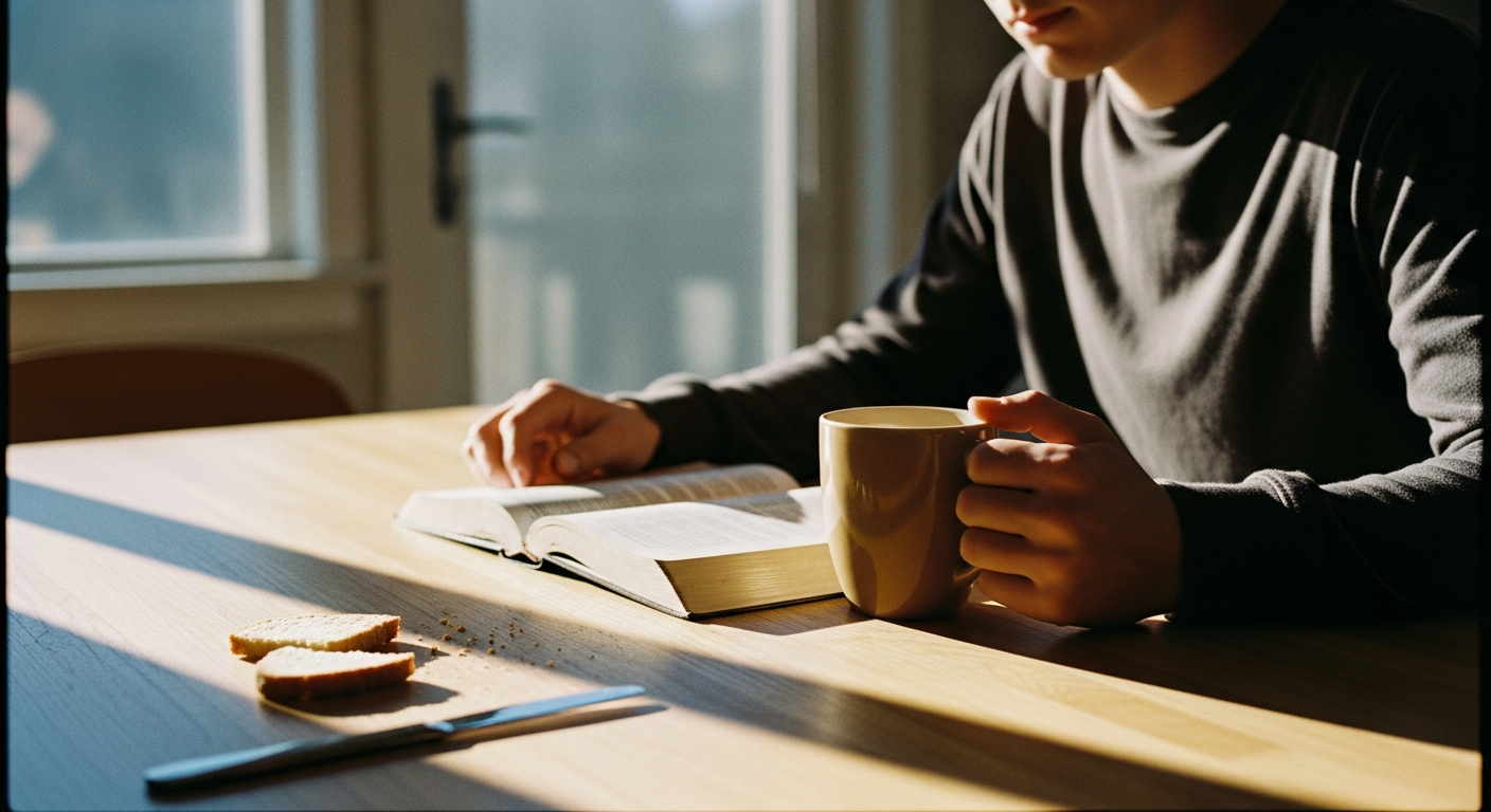 Person having morning devotional time with Bible and coffee in warm natural light, showing a simple sustainable quiet time routine for daily faith