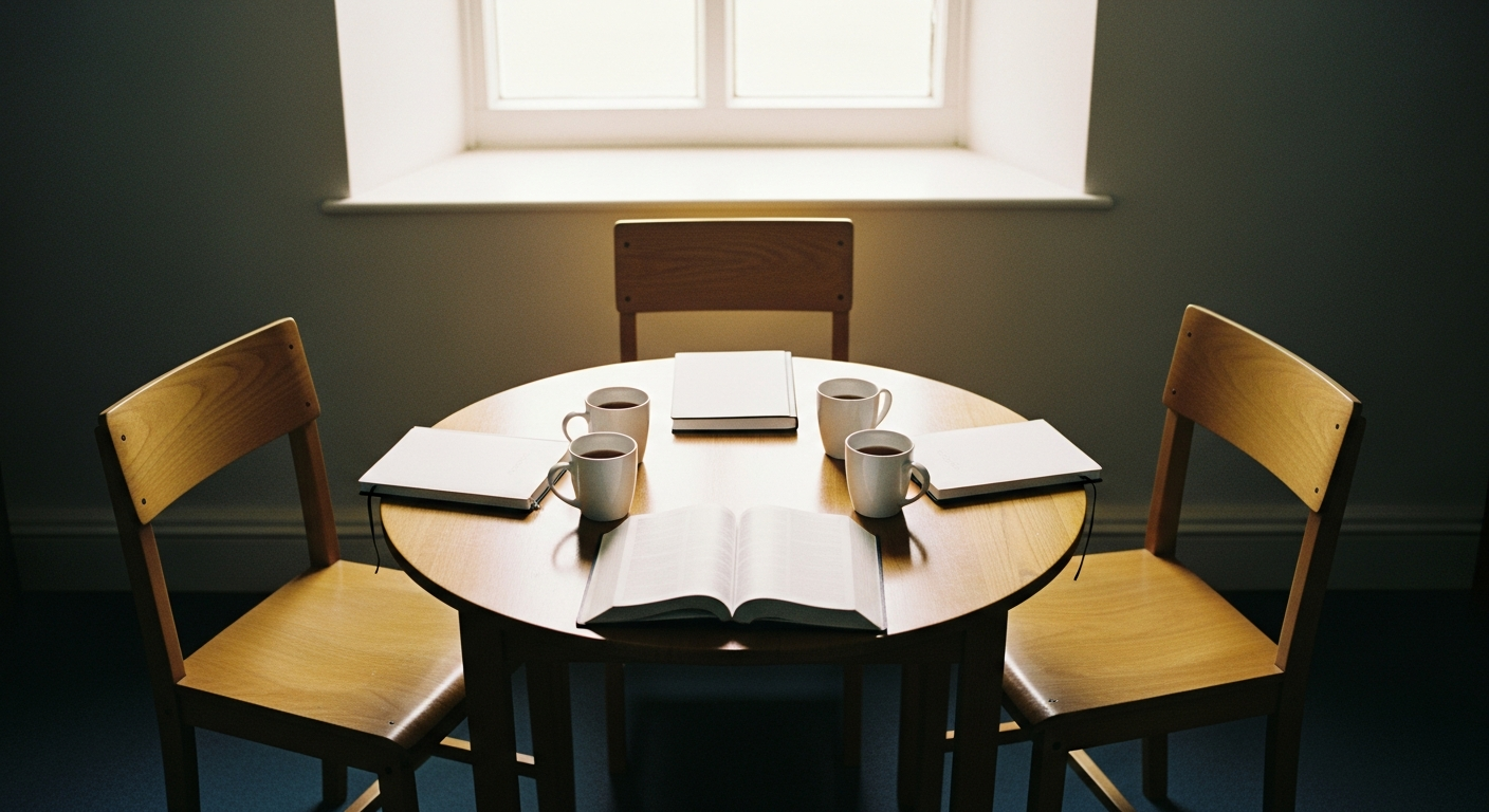 A small round table in a church side room with three chairs, plain notebooks, mugs of tea and an open Bible in window light, set for a new prophetic ministry team to weigh words