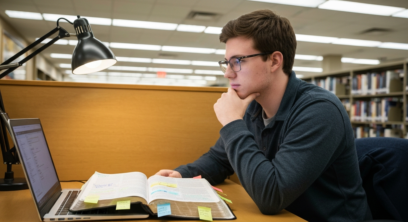 Student studying with a highlighted Bible and laptop at a library desk, using AI for deeper Bible study with sticky note annotations