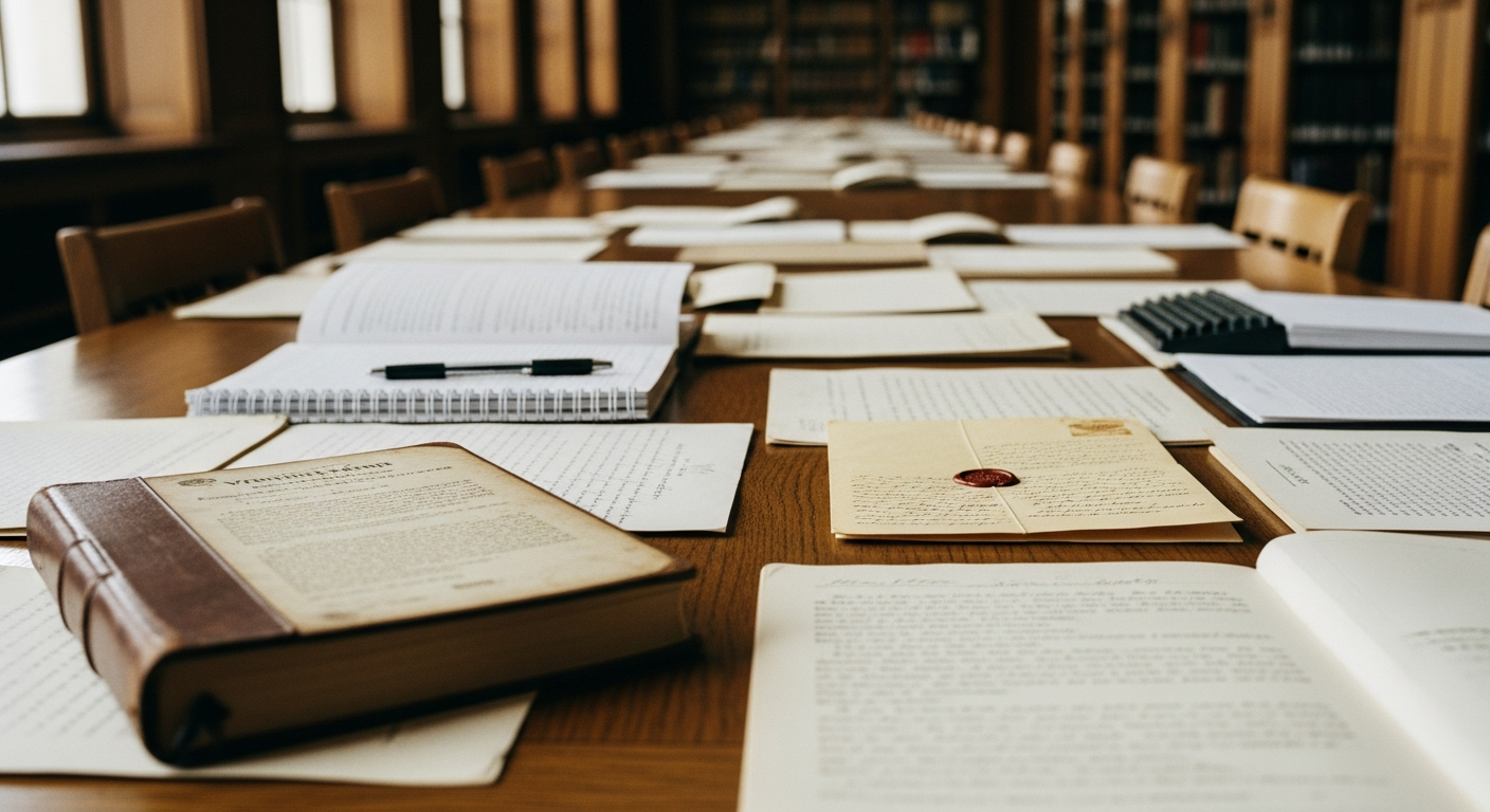 Hundreds of journals and letters spanning centuries on a long library table, each a testimony of God's faithfulness in The Grace Record collection