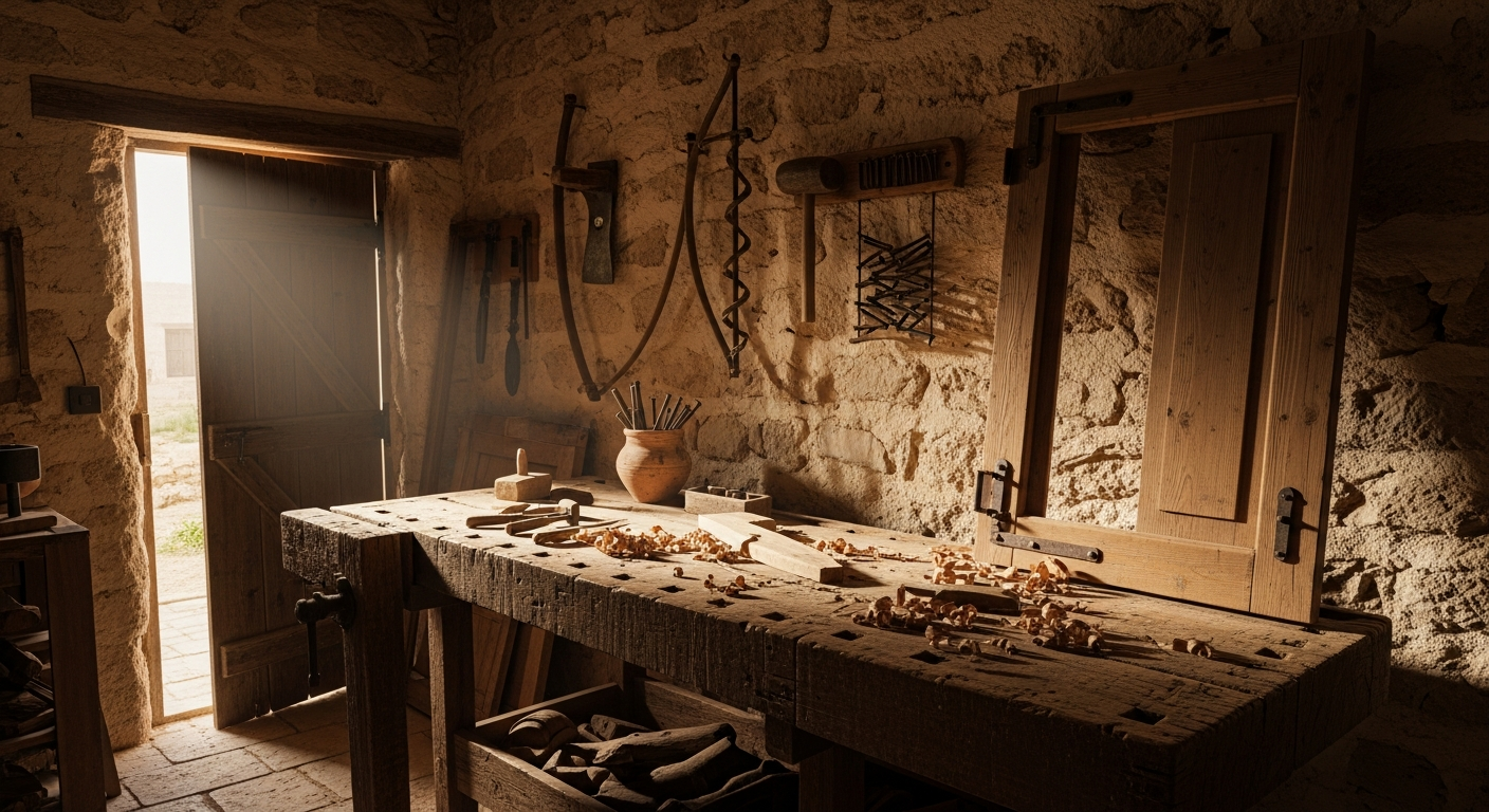A first-century Nazareth carpenter's workshop with chisel-marked bench, bronze tools, and wood shavings in morning light, where Jesus the faithful builder worked