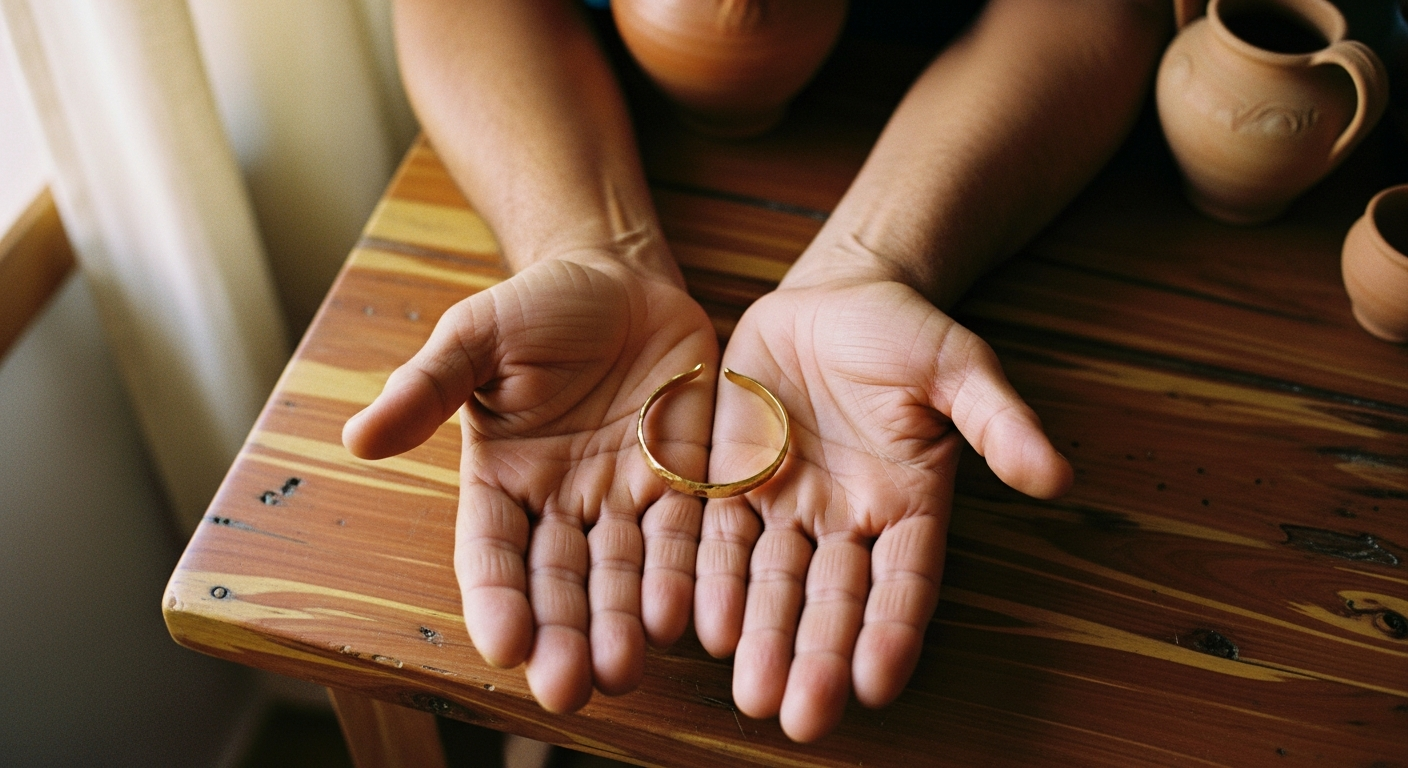Open hands holding a gold signet ring on a cedar table, believers treating influence as a holy loan from God for faith and justice