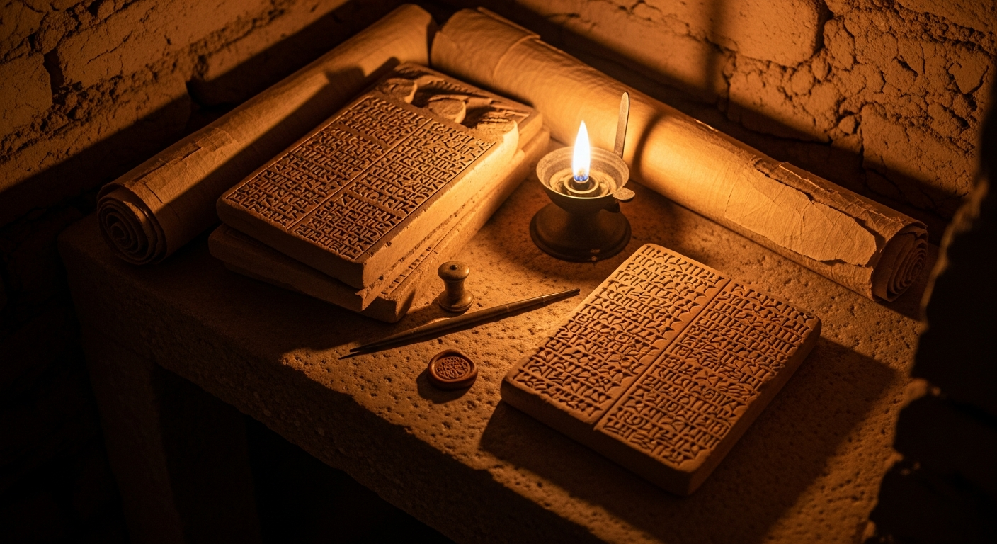 Cuneiform clay tablets and scrolls beside an oil lamp on a stone desk in a Persian government alcove, illustrating Daniel's integrity in public service and faithful work under God