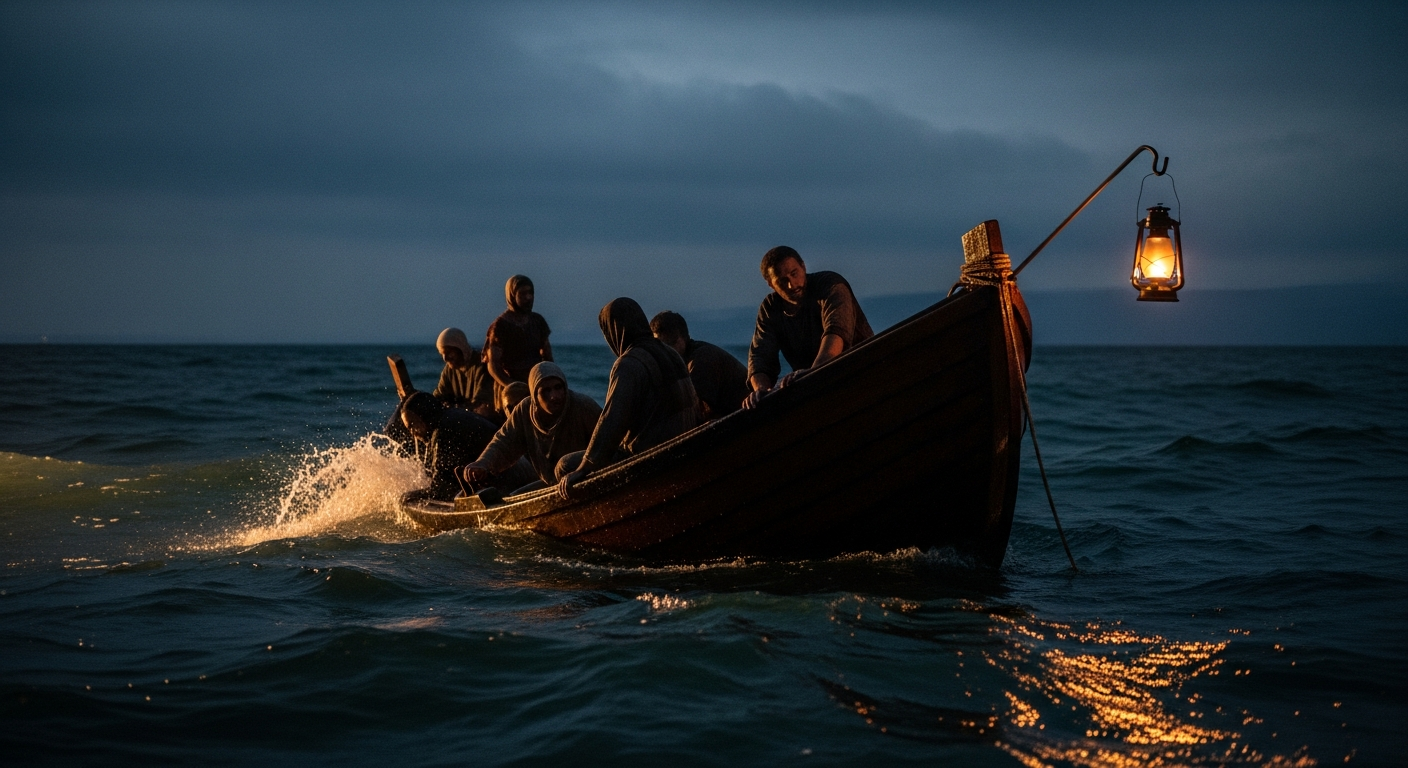 Disciples gripping a fishing boat in rough seas on the Sea of Galilee at night, the moment before God's presence turns panic into steady faith