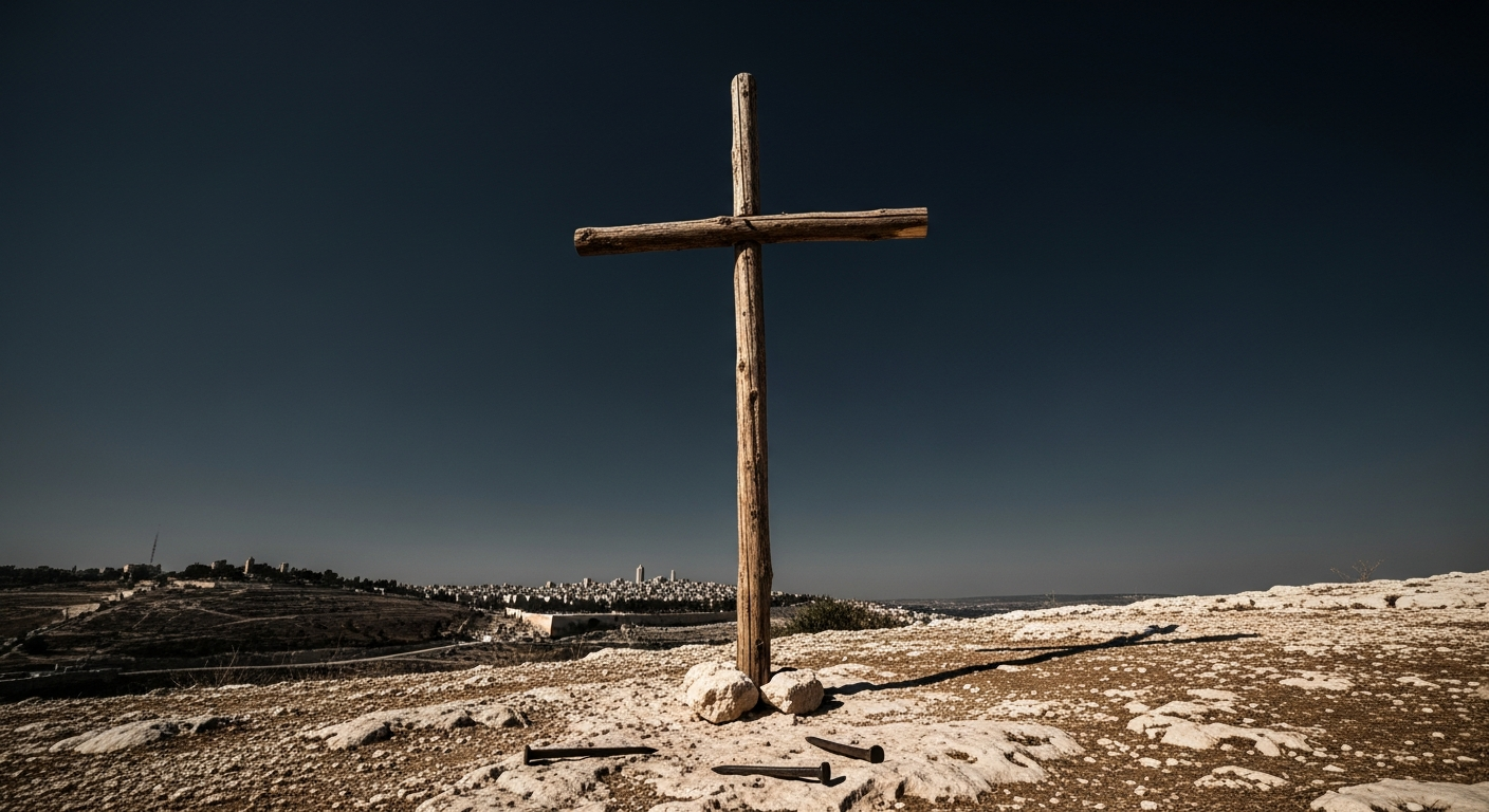 Rough wooden cross standing on a barren hilltop outside Jerusalem under a dark sky, Jesus as the pattern of sacrifice and courage for believers