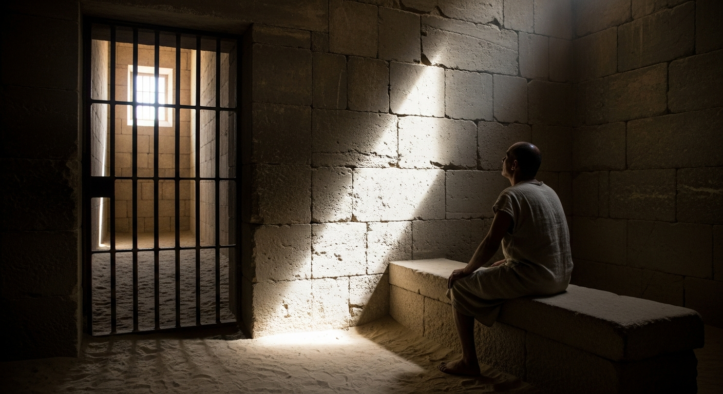 Joseph sitting in an Egyptian prison cell with warm light falling through a barred window, holding onto joy and faith in God during the long season of delay
