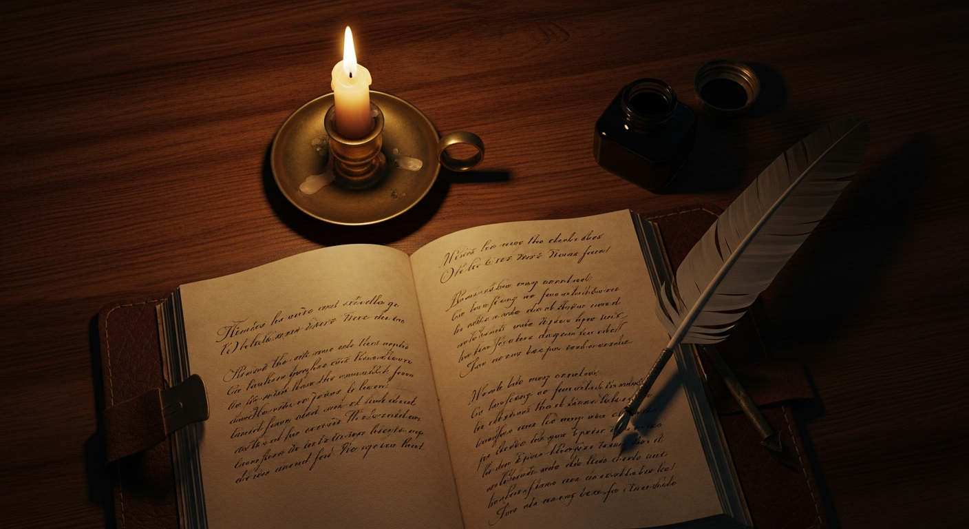 Open leather journal beside a flickering beeswax candle on a dark oak table, writing down and remembering God's promises as a spiritual discipline