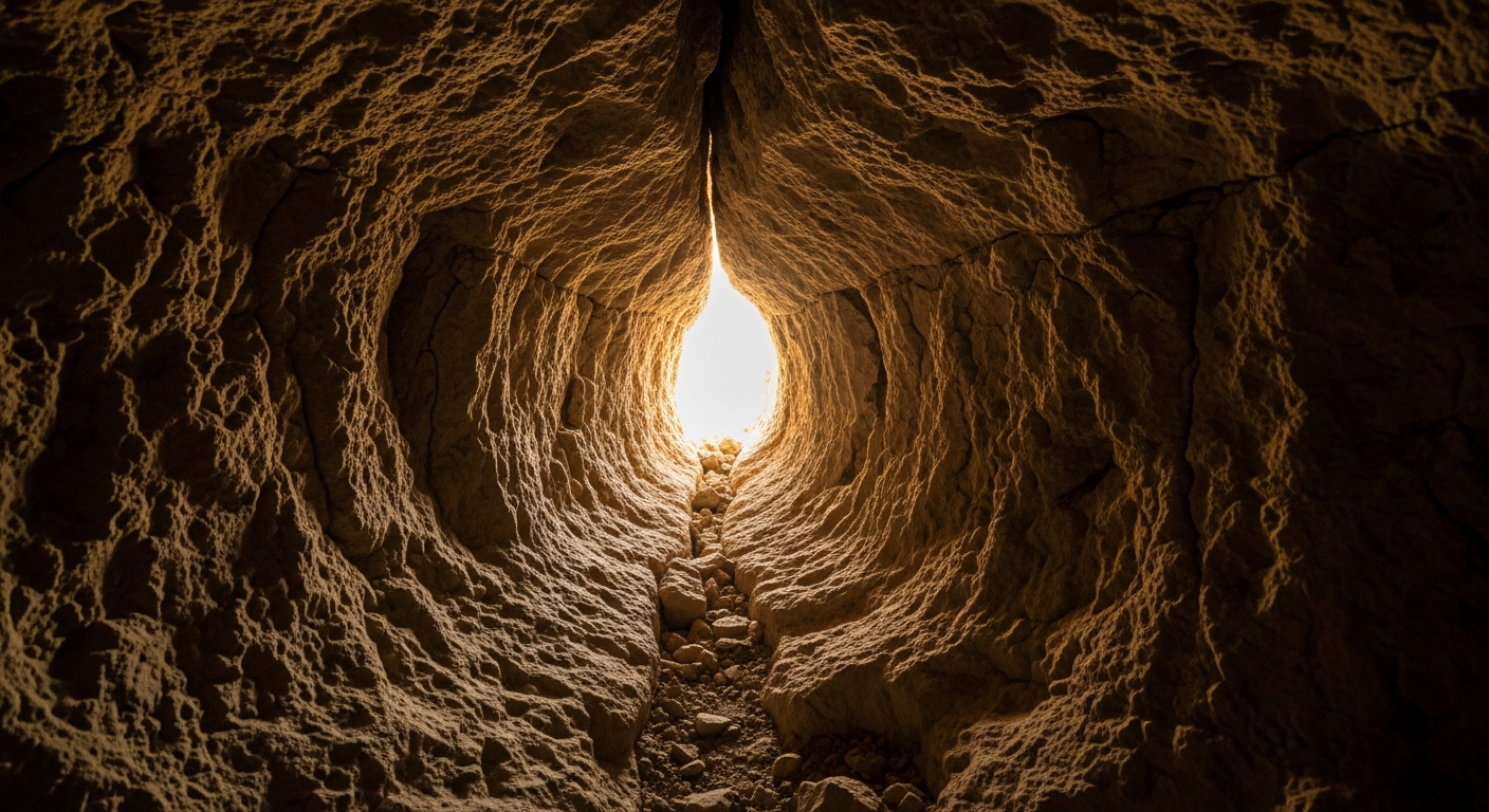 Bright daylight streaming through a narrow crack in a dark limestone cave wall, capturing the radiance of joy anchored in God's faithfulness through dark seasons
