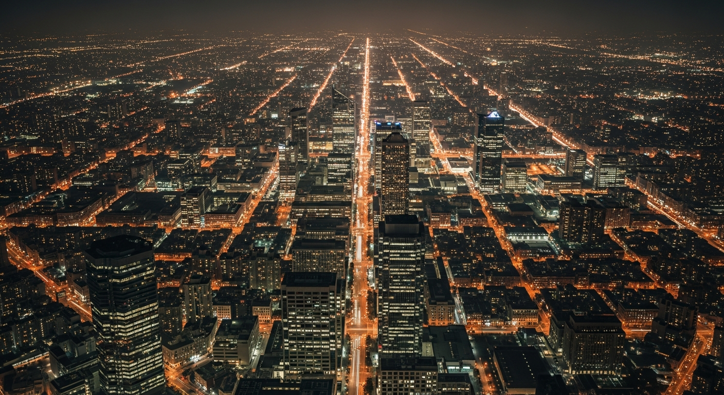 Nighttime aerial cityscape with glowing office towers and connected streetlight grids, showing kingdom business movements growing across nations through faith