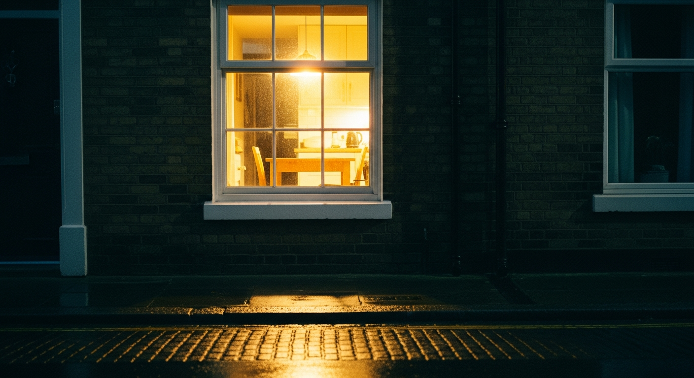 Warm kitchen light spilling from a Victorian terrace window onto a wet British street at night, revival spreading through ordinary places and conversations