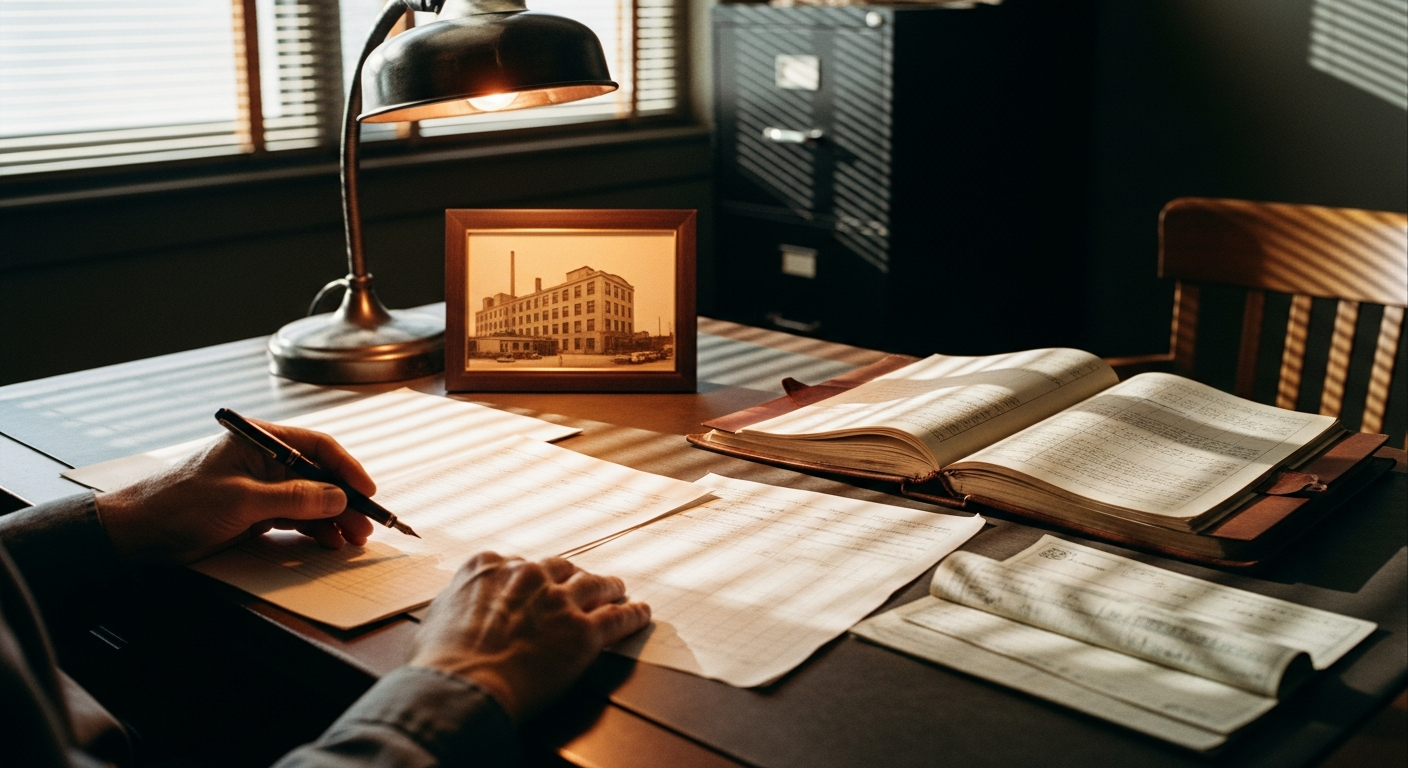 LeTourneau's hands on financial ledgers and checks in a 1940s office, showing radical generous giving and trust that God provides a greater kingdom return