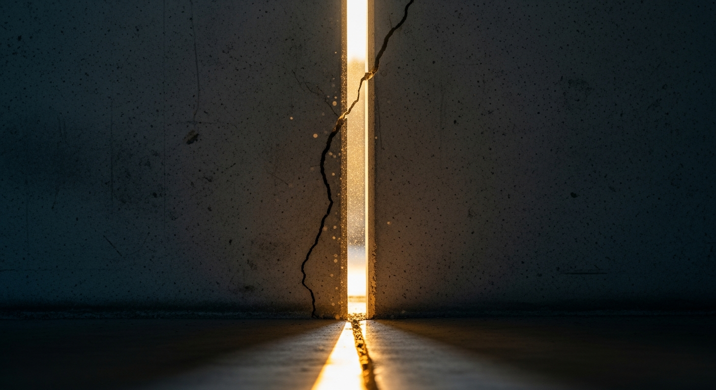 Bright light breaking through a crack in a concrete wall, God's voice as an invitation breaking through the noise of empty ambition