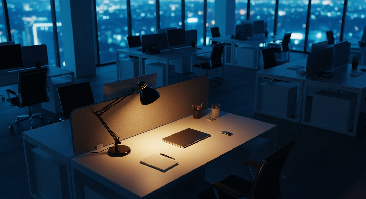 Single desk lamp illuminating an empty modern office at night with notebook and pen, representing God's quiet invitation to listen for His voice in the workplace