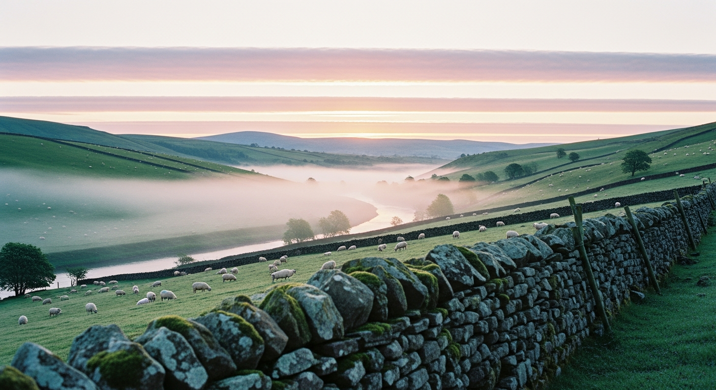 Misty dawn rising over a quiet river valley with green hills and grazing sheep, showing the stillness of listening for God's voice and the power of His spoken word