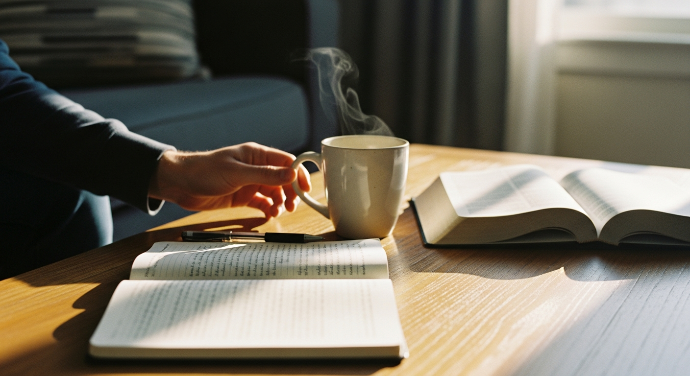 Quiet morning scene with a journal, coffee, and Bible open to the Psalms on a coffee table, representing practical daily habits for learning to listen to God in prayer
