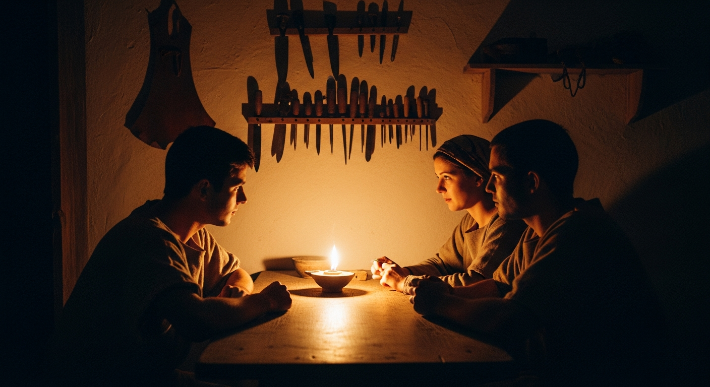 Two figures sharing truth with a third person by oil lamplight in a Roman workshop at night, showing believers correcting with love as Priscilla and Aquila did