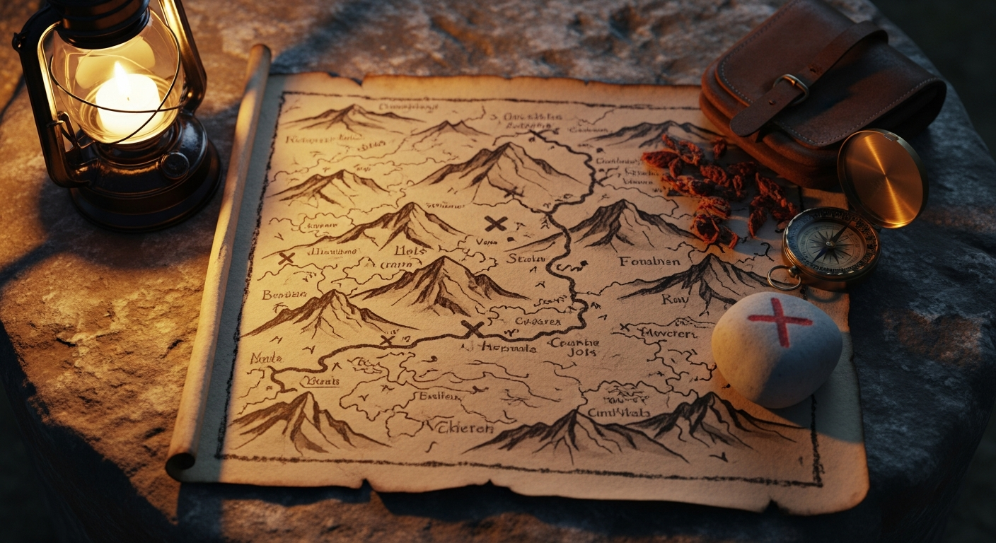 Weathered hand-drawn map with a trail marked through mountain ranges spread on stone in warm lamplight, showing a believer rehearsing God's prophetic promises through doubt
