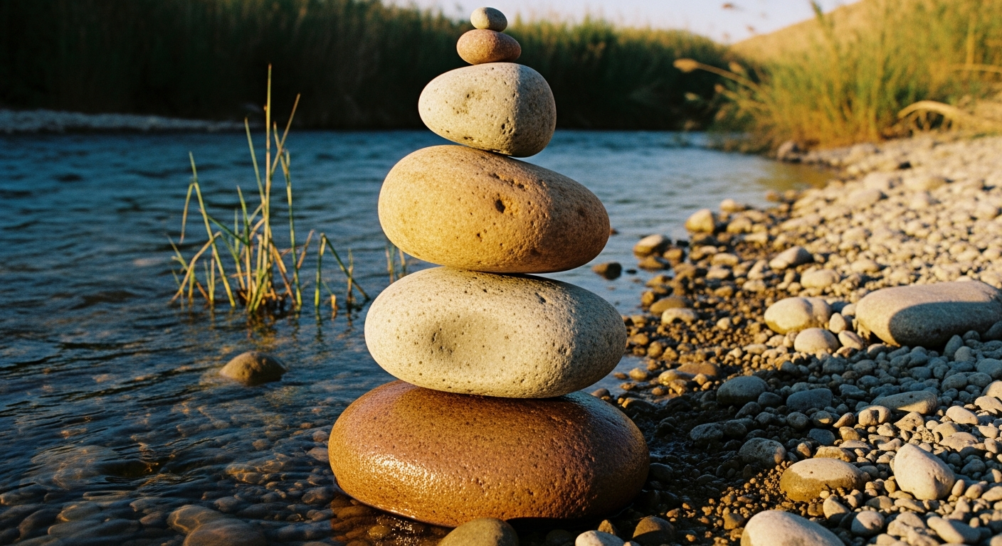 River stones stacked as a memorial cairn on a Jordan riverbank at golden hour, remembering God's promises and faithfulness like the Israelites did