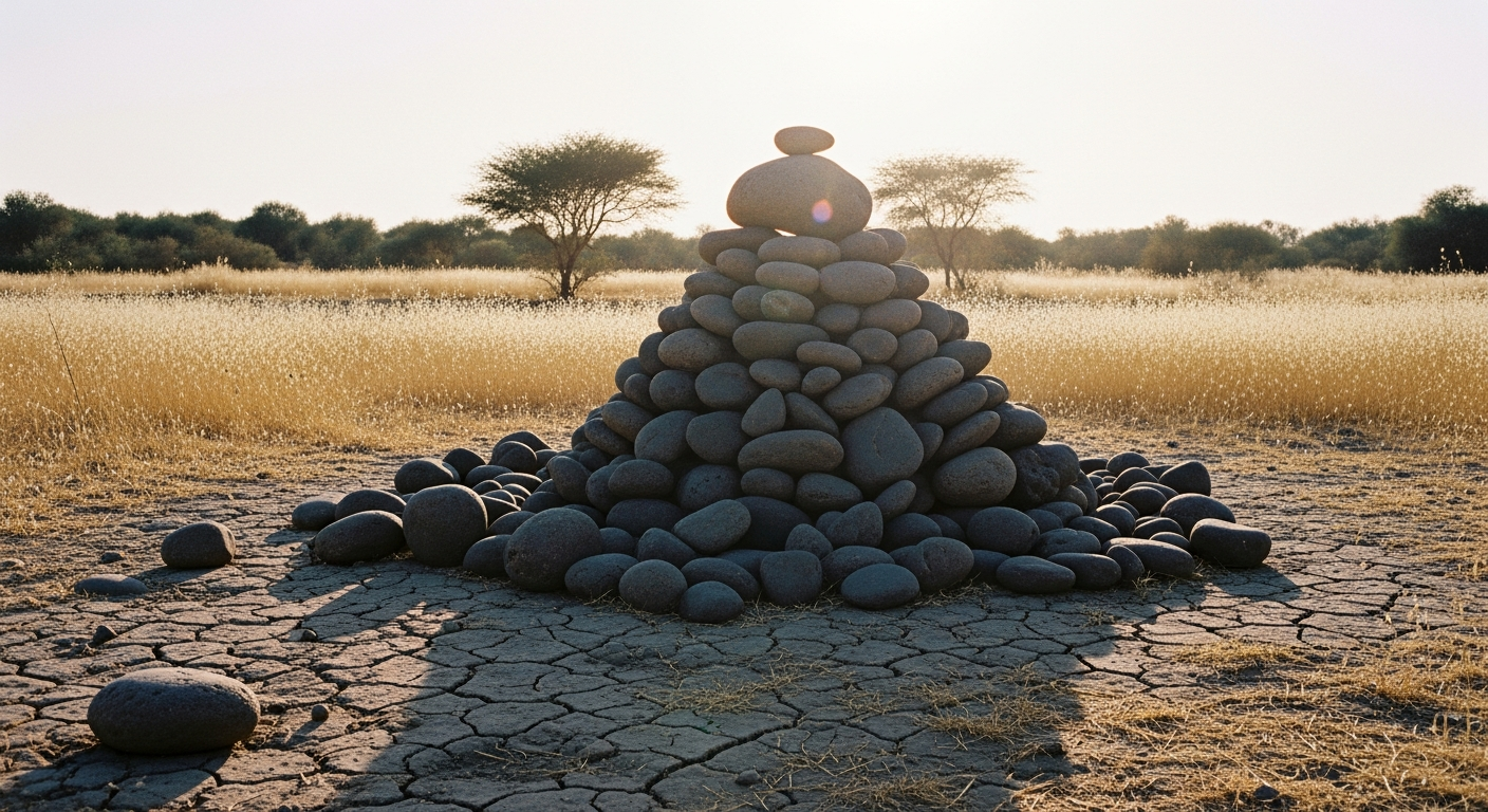 River stones stacked as a memorial cairn on a dry Jordan valley bank at golden hour, the biblical practice of remembering God's faithfulness