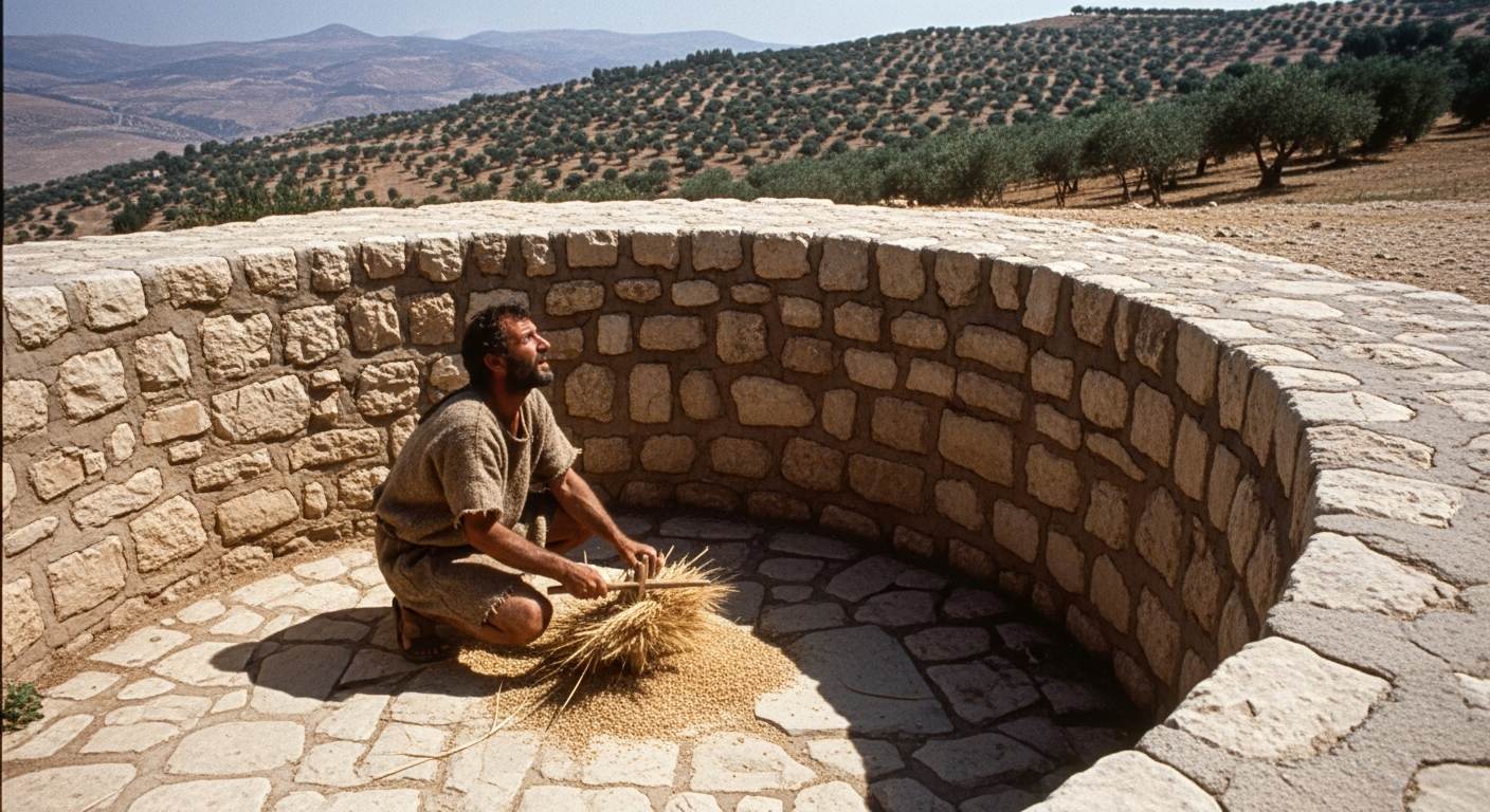 Gideon threshing wheat in hiding inside a winepress beneath the Israeli sun, the unlikely mighty warrior about to hear God rename his fear with courage