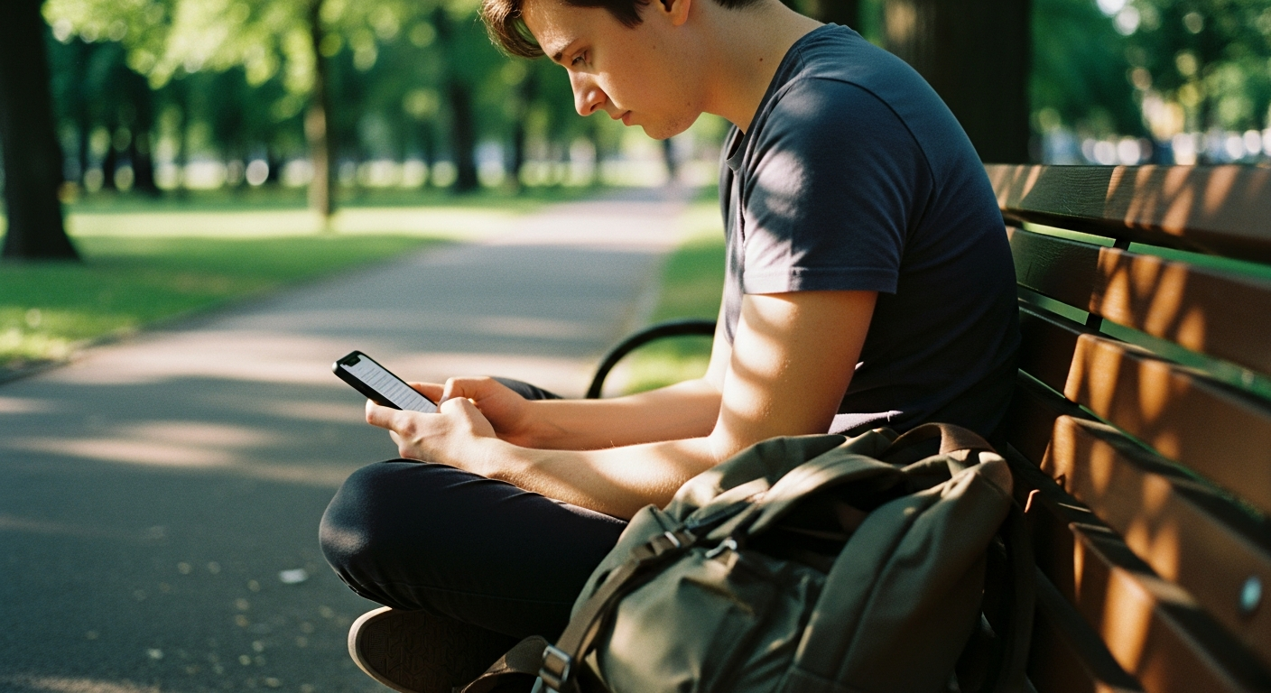 Young believer reading miracle testimonies and faith stories on a phone in a park, strengthening their belief that God still works miracles today