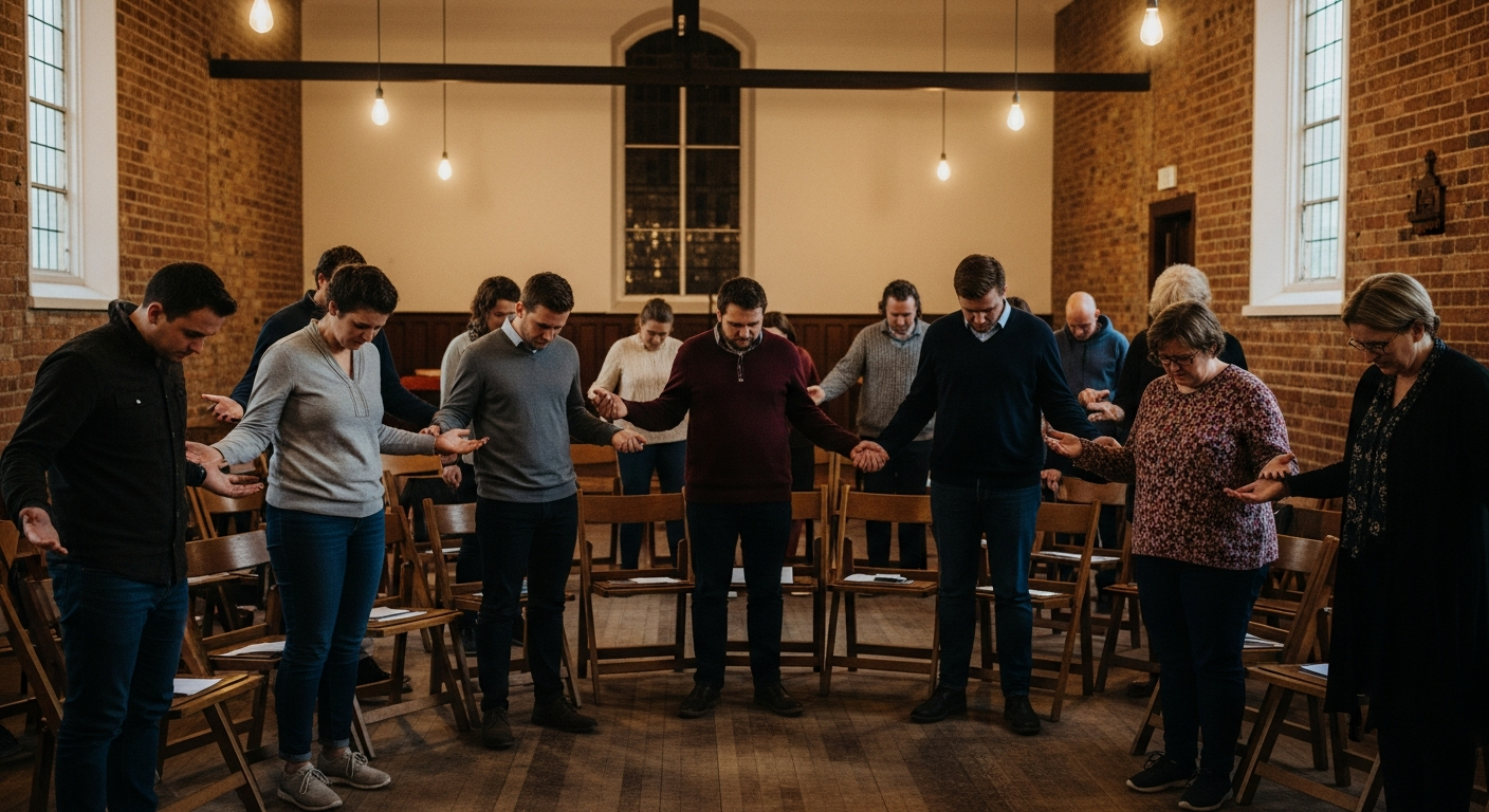 Believers gathered in prayer and worship at an evening church gathering, reflecting on real modern-day miracles and testimonies from The Grace Record