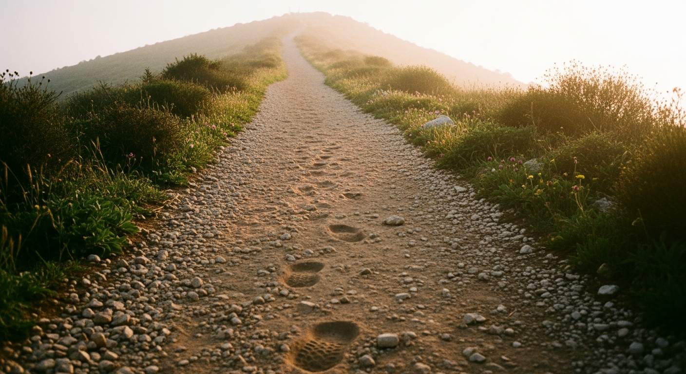 Dusty trail with footprints ascending through mist toward an amber-lit summit, trusting God's timing and asking for your mountain in faith