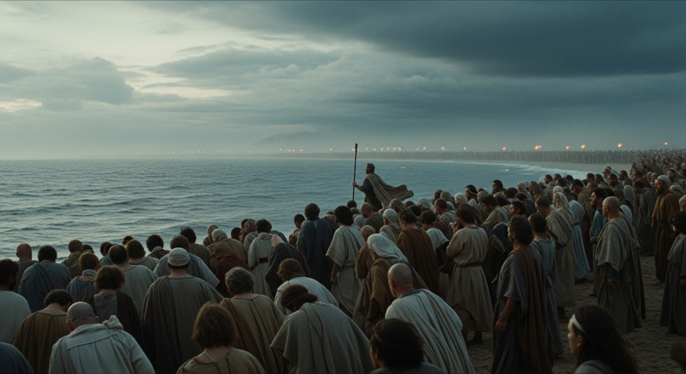 Moses standing at the water's edge before a vast sea under storm clouds, Israel packed behind him, the moment of faith and courage before moving forward