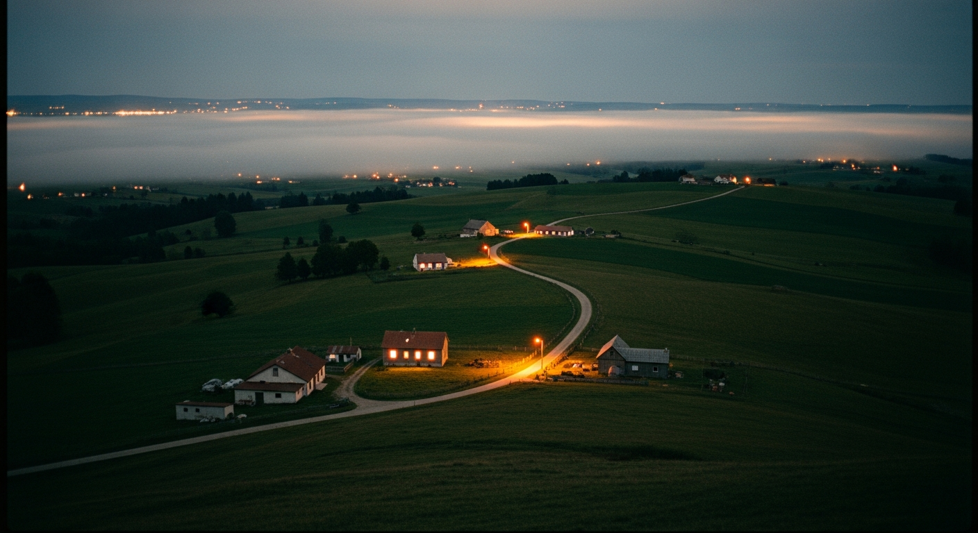 Small lights scattered across a dark rural landscape at night seen from a hillside, a movement of believers carrying God's kingdom into business