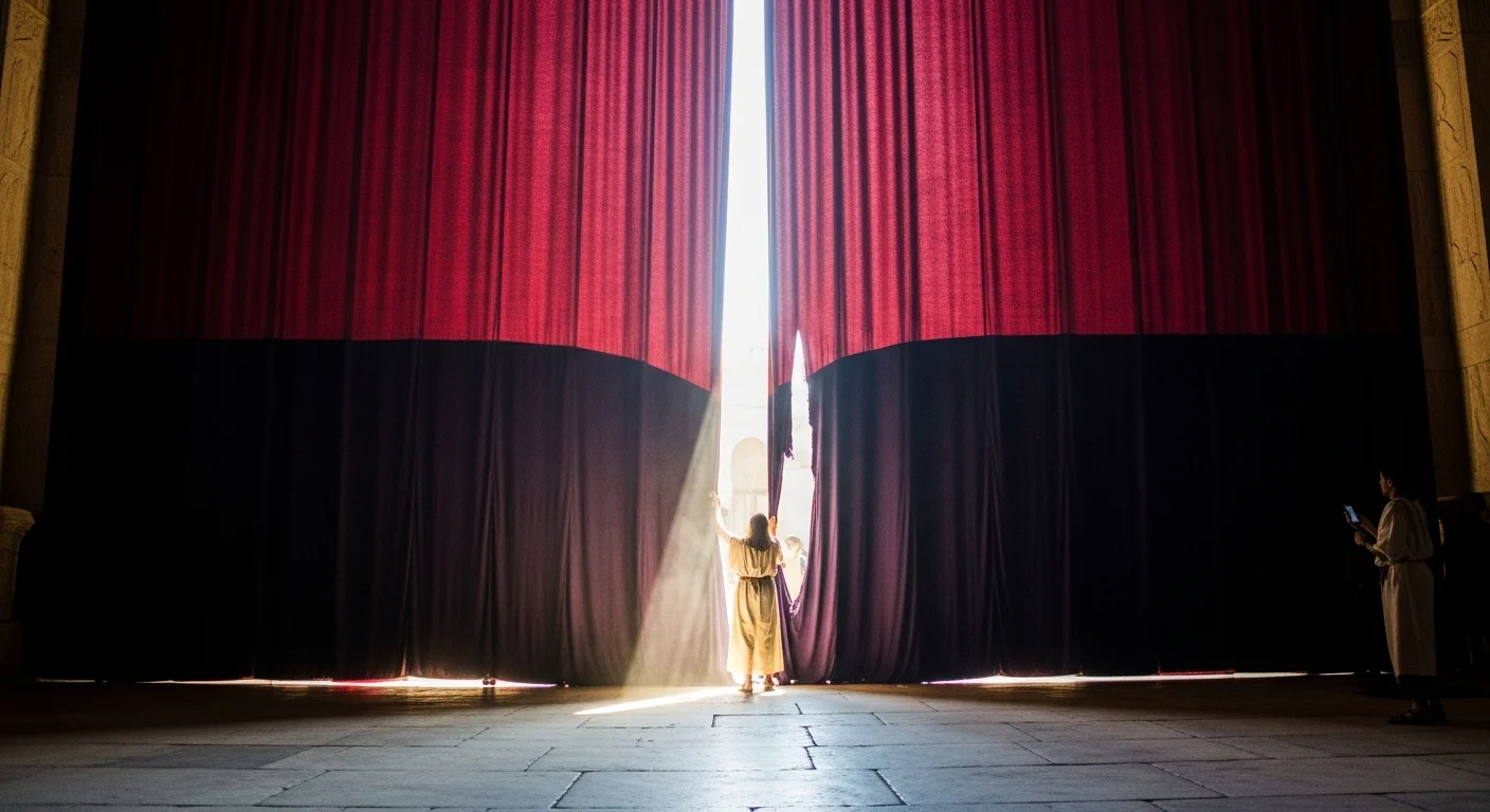 The thick crimson and indigo temple veil torn clean from top to bottom, peeled back to reveal the holy chamber beyond, depicting the moment access to God was opened to all