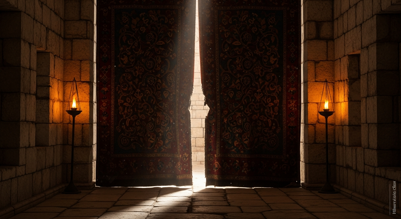 The thick crimson and indigo temple veil torn clean from top to bottom, peeled back to reveal the holy chamber beyond, depicting the moment access to God was opened to all