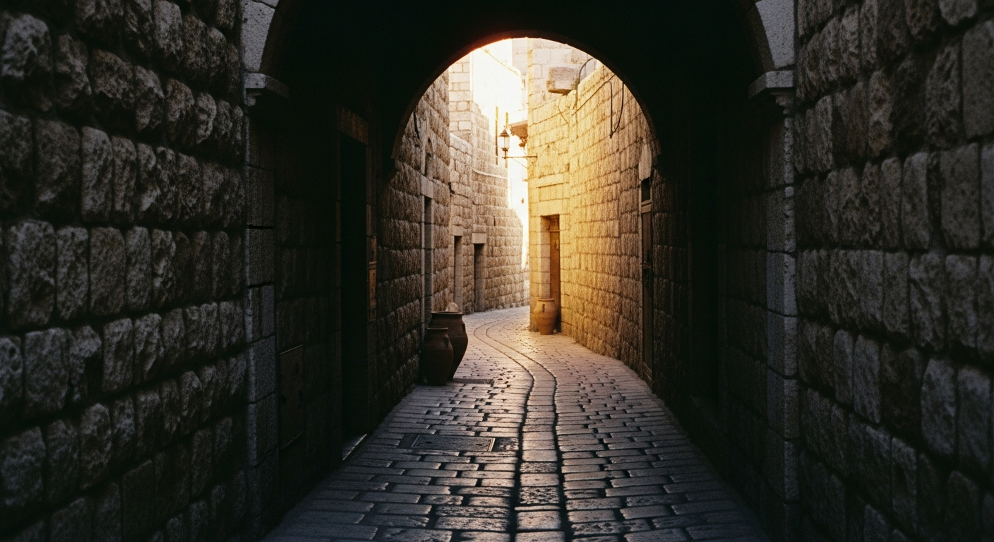 Narrow 1st century Damascus street path winding from shadow toward warm light, following Jesus where risk becomes encounter with God in faith