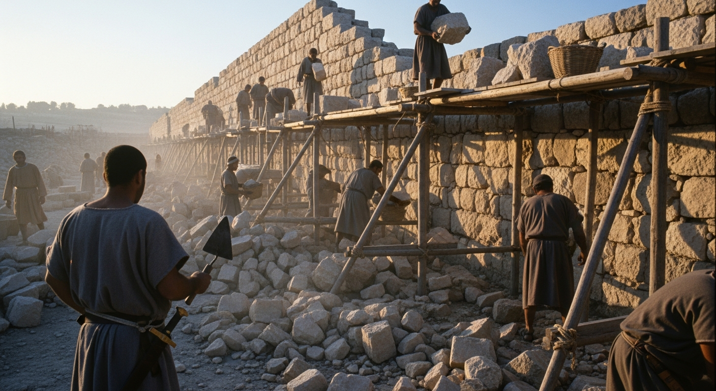 Nehemiah's rebuilt walls rising at dawn in Jerusalem, faith practice of prayer turning into courageous action and city restoration