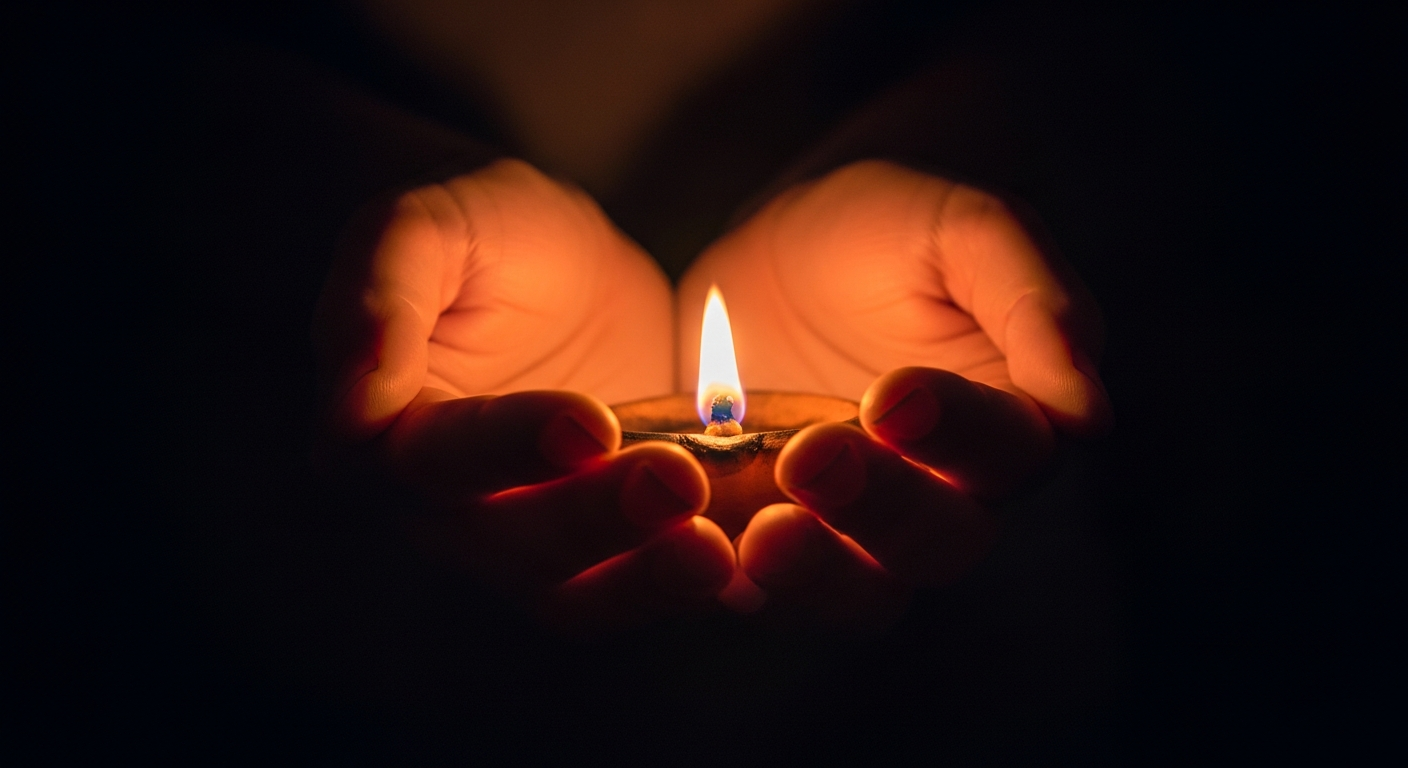 Rough working hands cupping a small steady flame in darkness, the courage to keep the fire of the Holy Spirit alive and never quench prophecy or God's word