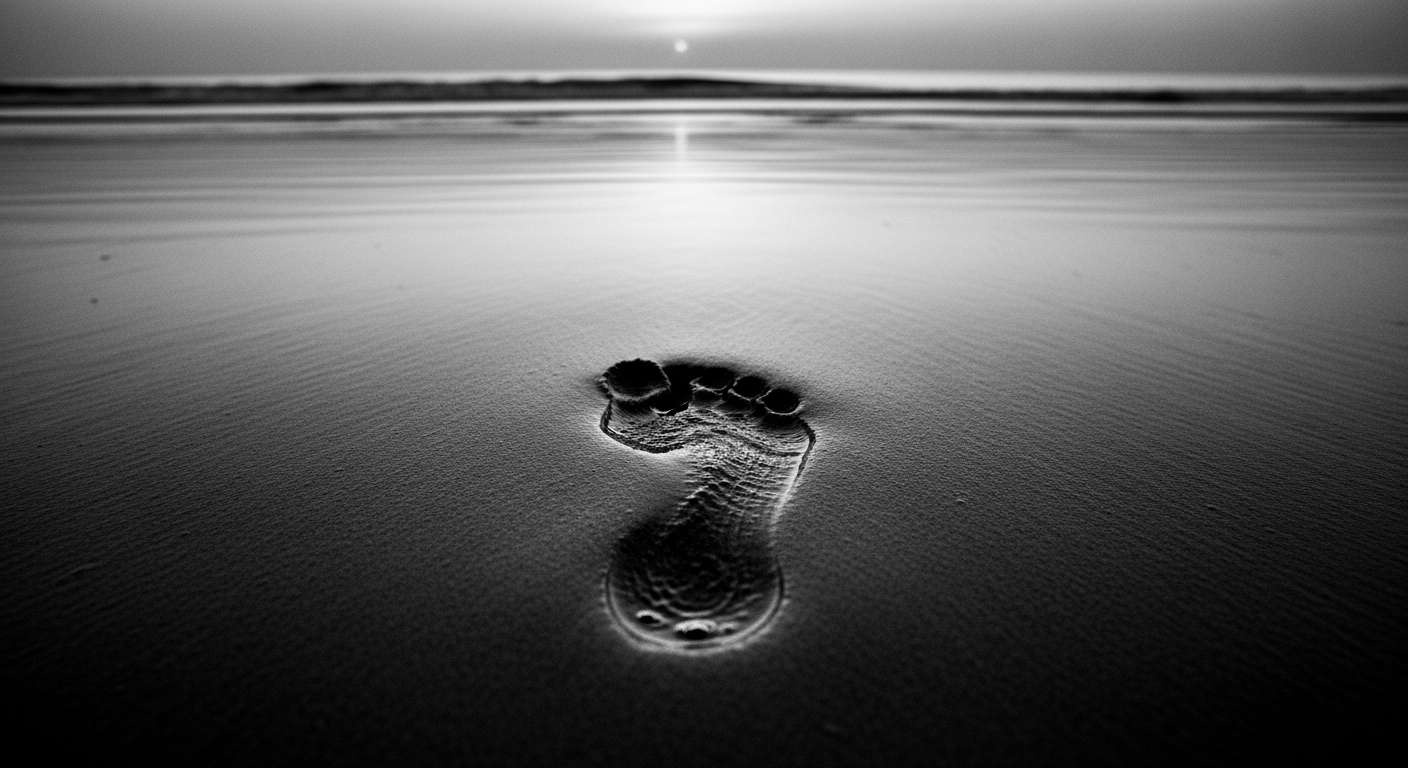 A single bare footprint pressed into dark wet sand at the water's edge before dawn, the courage of taking the next faithful step before clarity comes