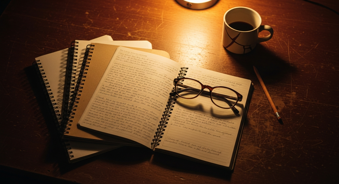 Worn notebooks with handwritten study notes stacked on a desk, testimony of faith-driven prophetic grit and building mental discipline